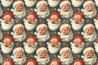 Vintage Santa Claus face pattern with red hat, white beard, and holly berry accents on dark teal.