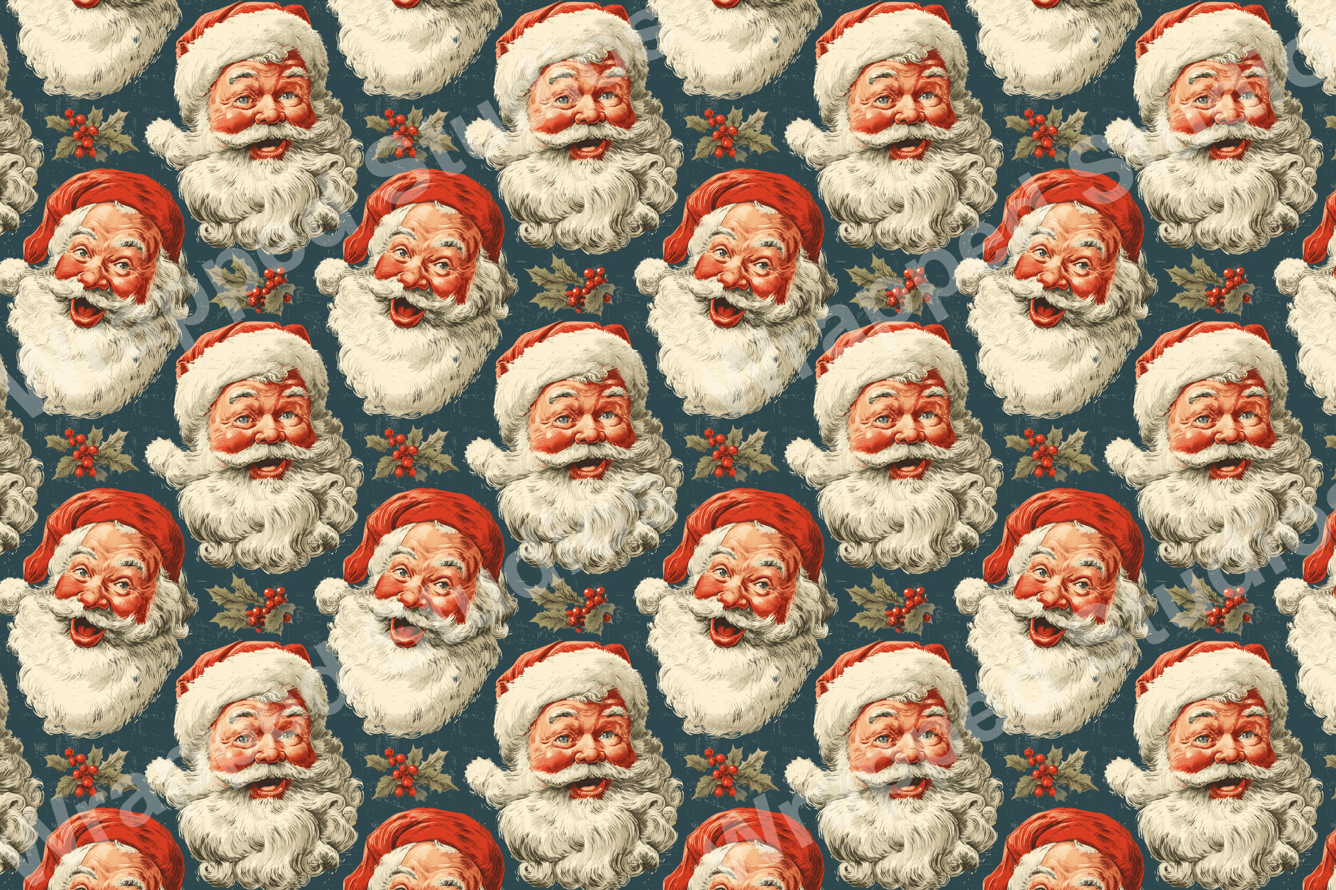 Vintage Santa Claus face pattern with red hat, white beard, and holly berry accents on dark teal.