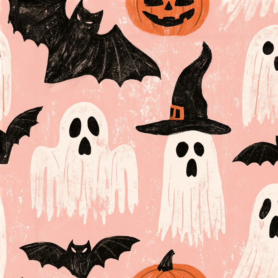 Cute pink Halloween pattern featuring hand-drawn ghosts, black bats, and orange pumpkins.