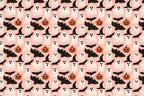 Playful vintage Halloween pattern with ghosts, bats, and jack-o'-lantern pumpkins on a pastel pink background.