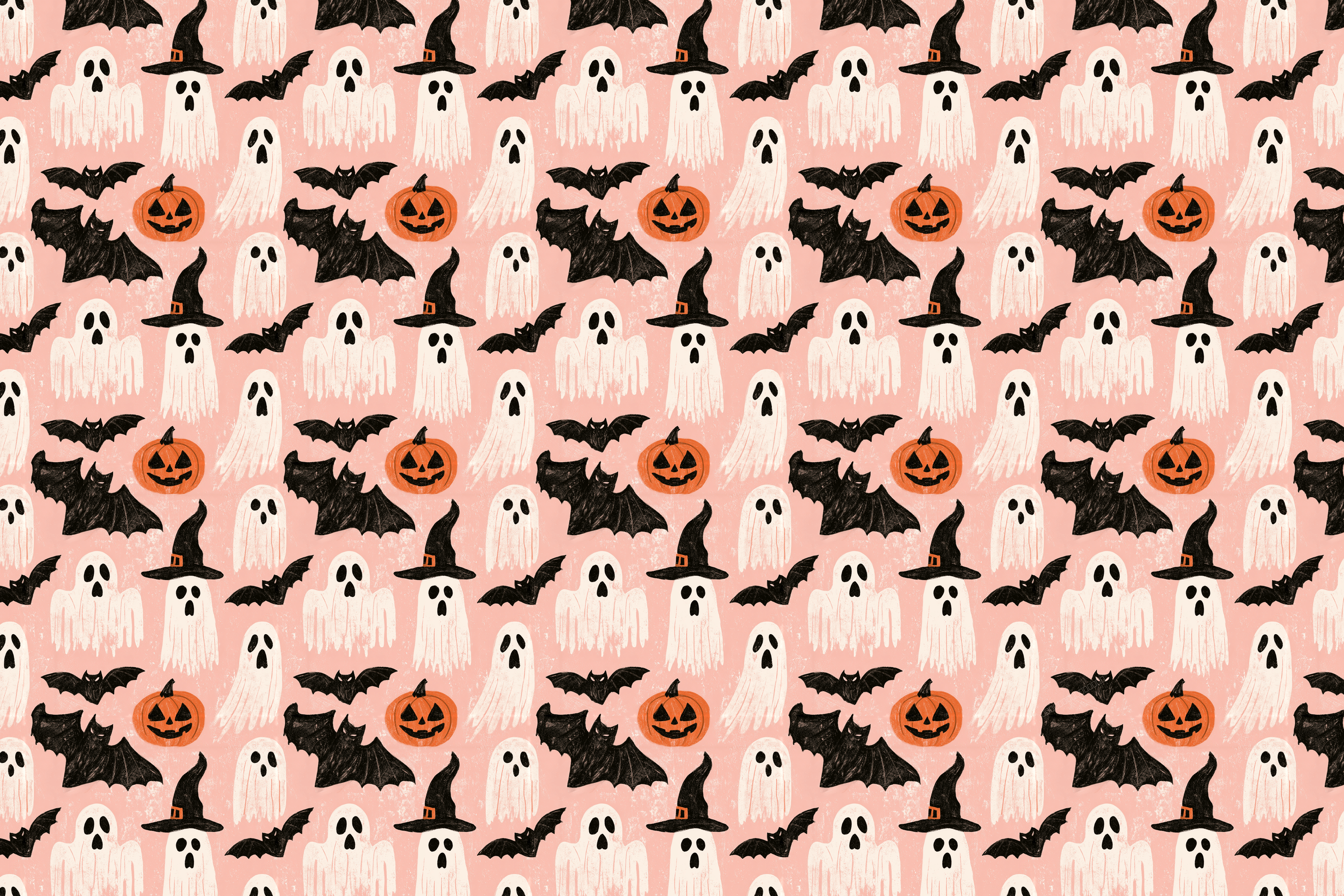 Playful vintage Halloween pattern with ghosts, bats, and jack-o'-lantern pumpkins on a pastel pink background.