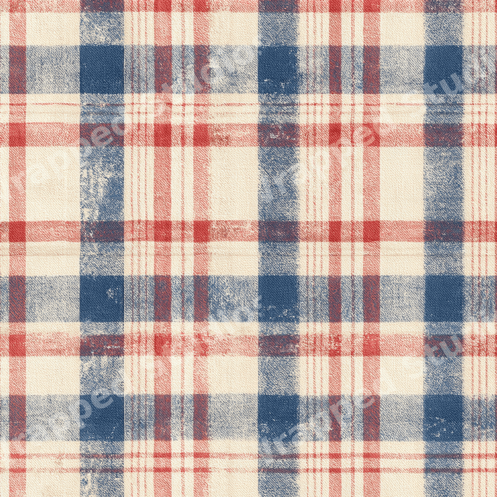Vintage red and blue plaid pattern with a rustic, distressed checkered design.