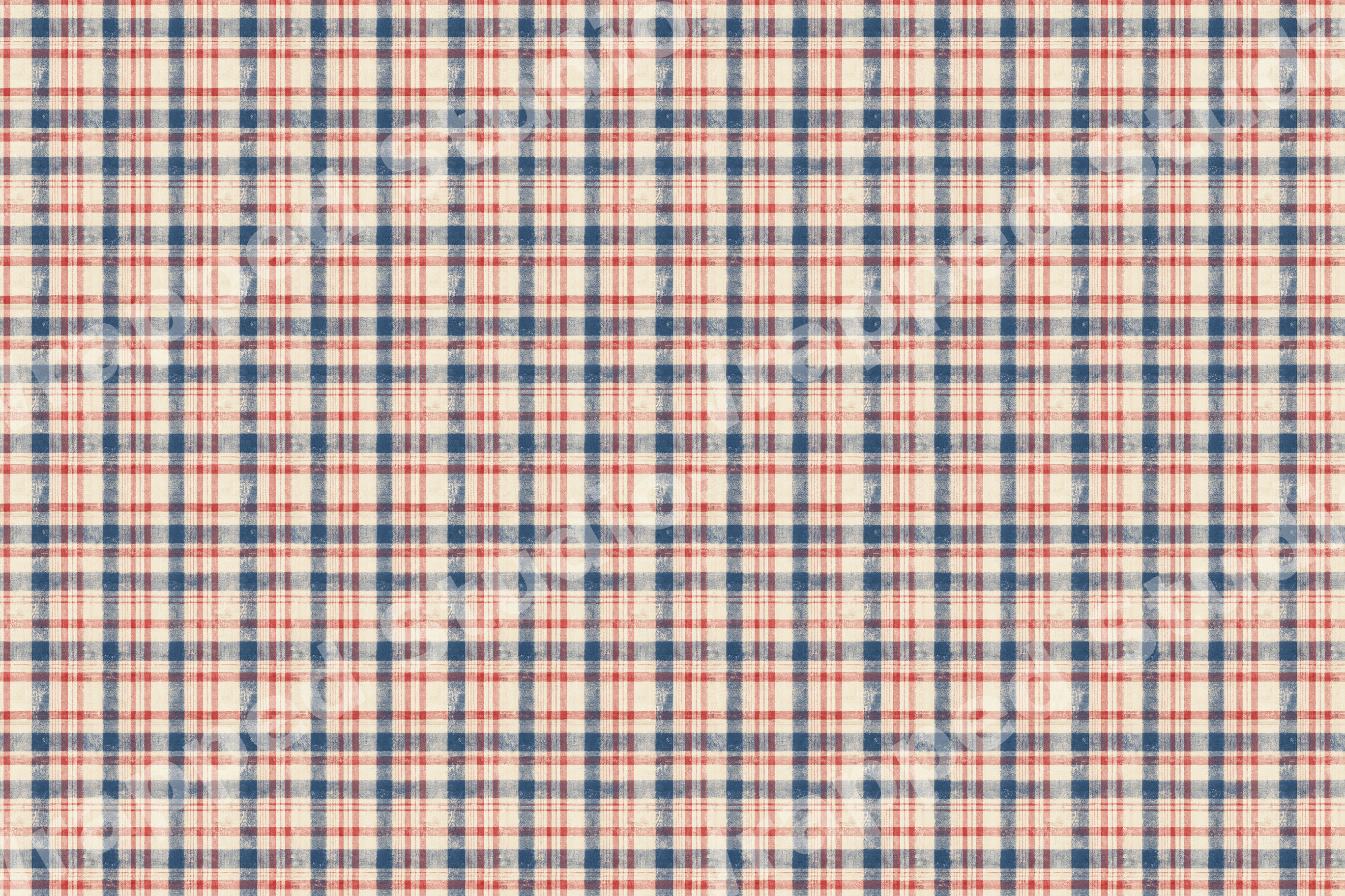 Rustic red and blue plaid pattern with a vintage farmhouse aesthetic on a textured cream background.