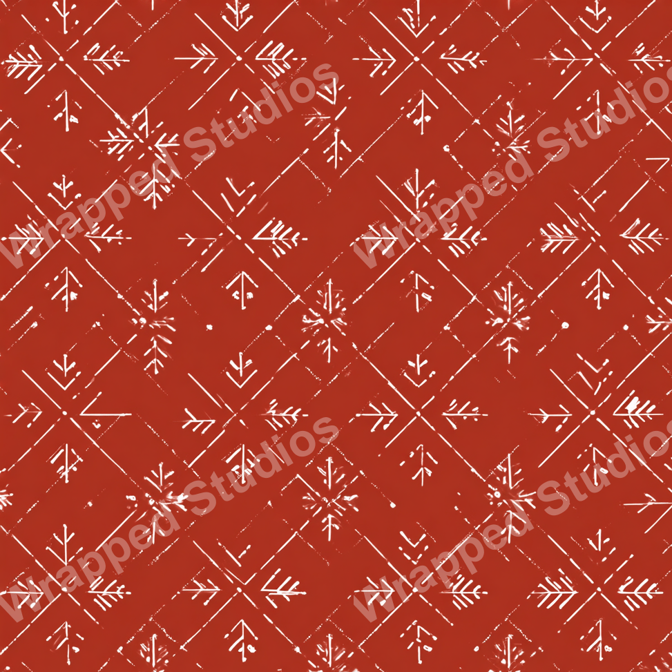 Rust-colored winter pattern with stylized white snowflakes and tree-like motifs in a festive design.