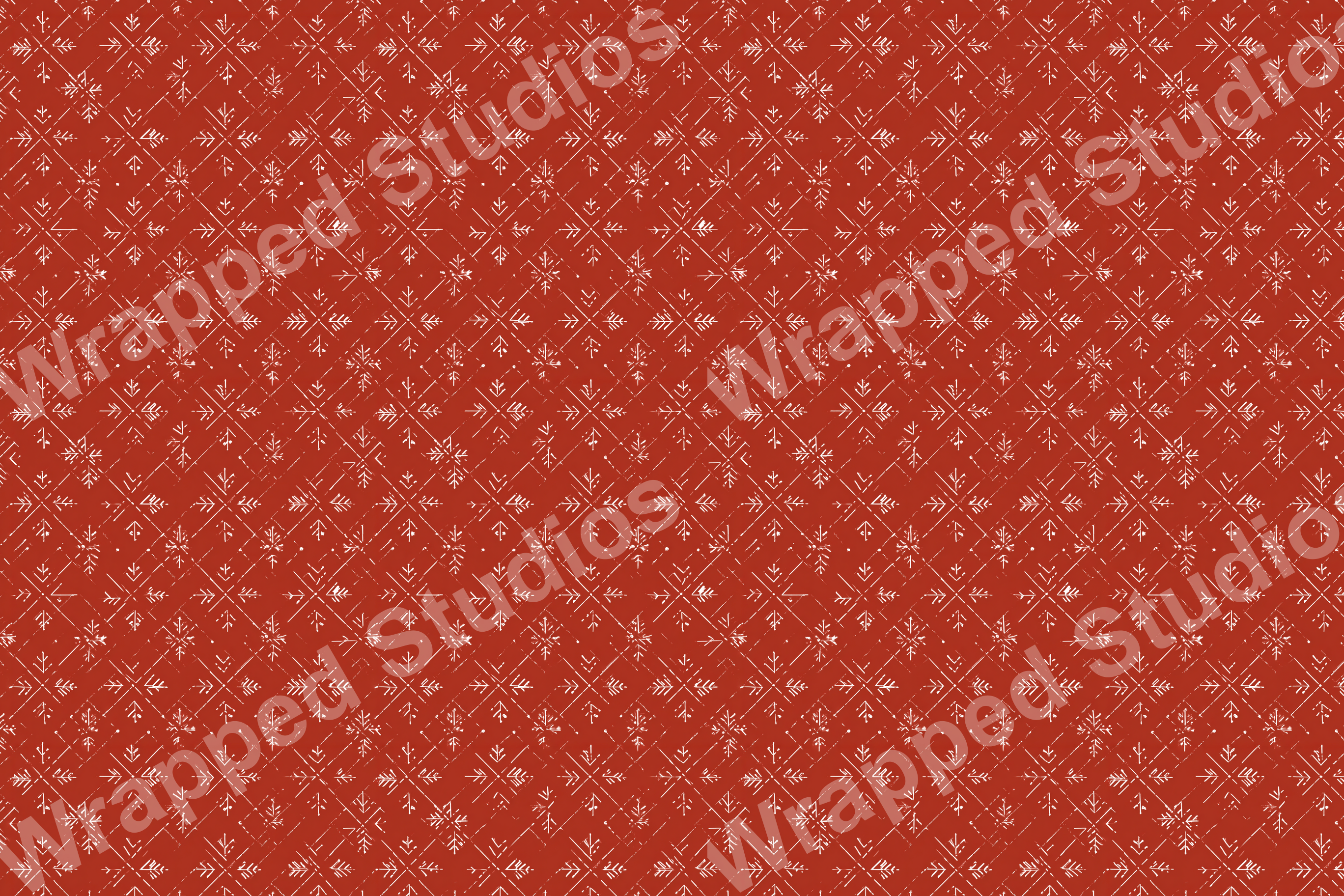 Rust red pattern with stylized white snowflakes and geometric accents.