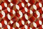 Overlapping semi-circles create a modern geometric pattern in shades of red, tan, and cream.