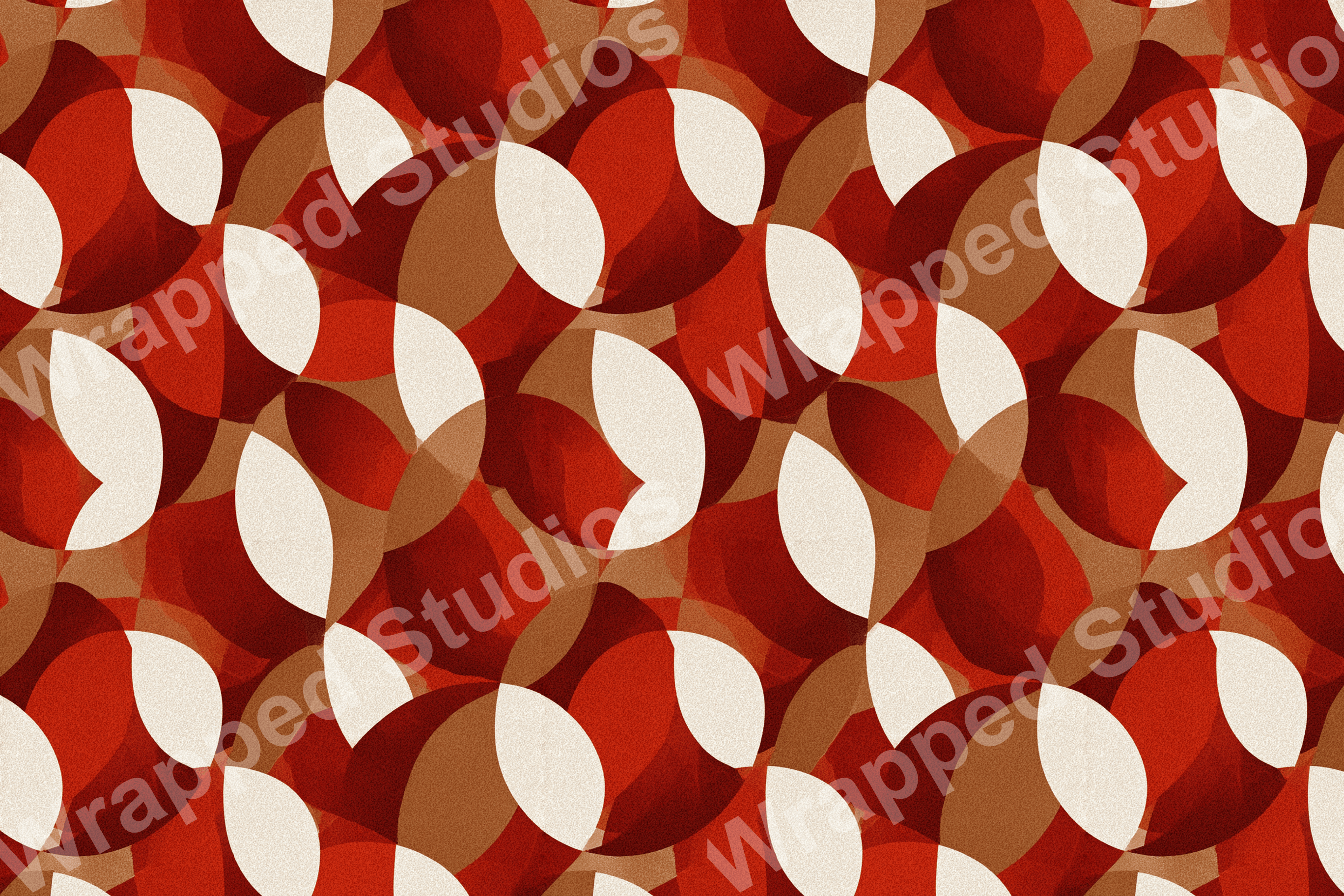 Overlapping semi-circles create a modern geometric pattern in shades of red, tan, and cream.