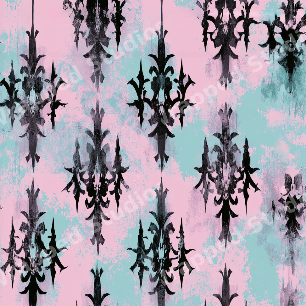 Distressed gothic damask pattern featuring black motifs on a pastel pink and mint green watercolor background.