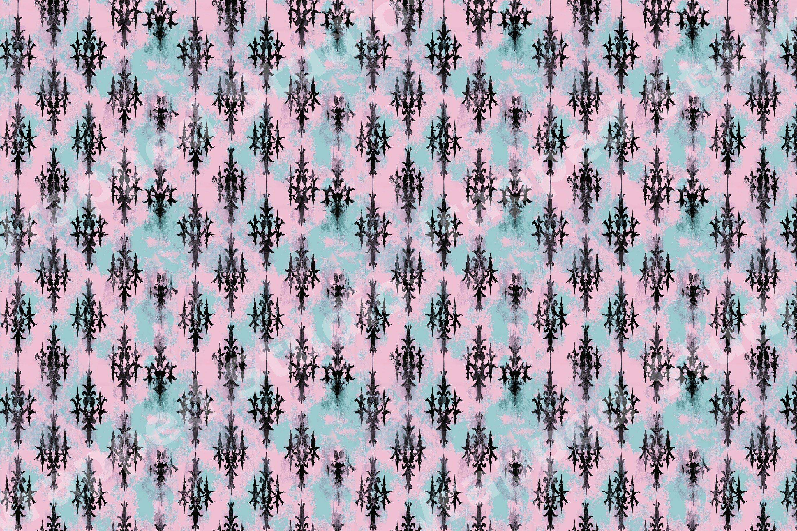 Vintage gothic damask pattern with black chandeliers on a distressed pastel pink and blue background.