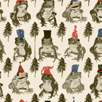 Whimsical Christmas frog pattern featuring green frogs in festive hats and pine trees on cream.