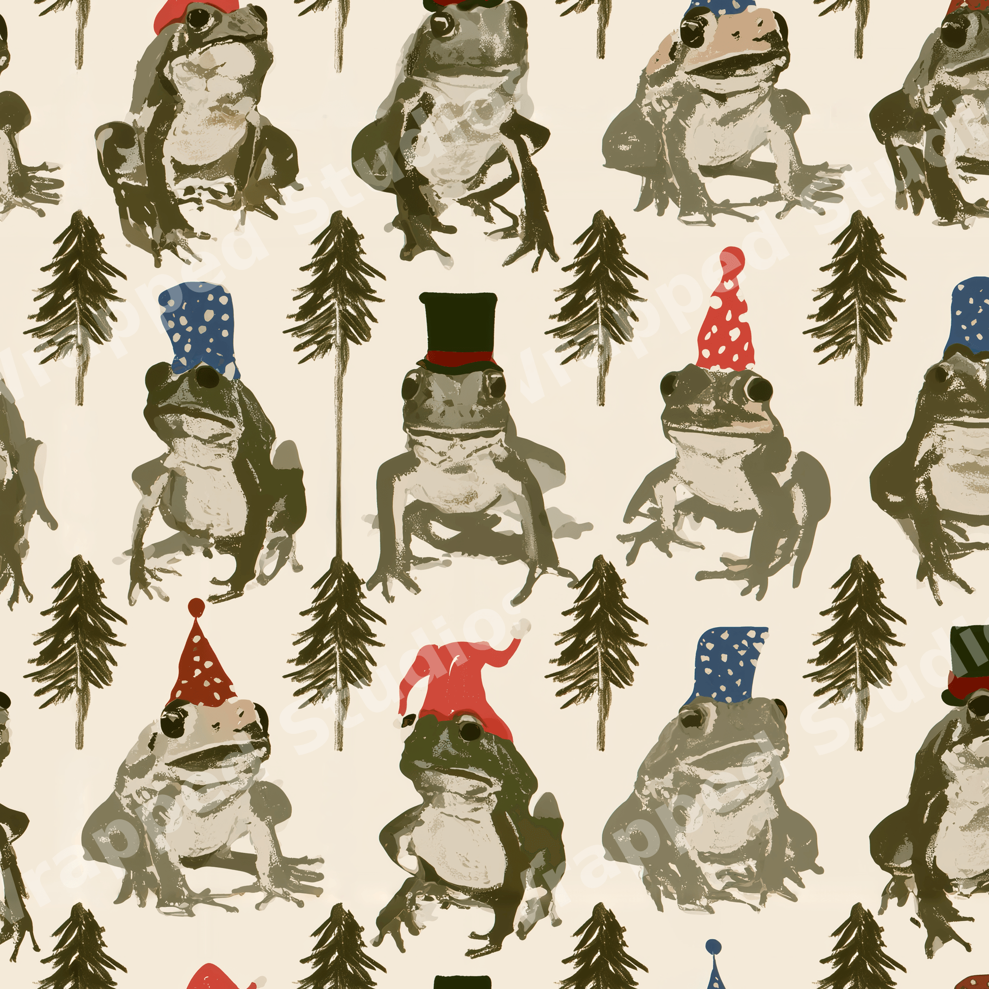 Whimsical Christmas frog pattern featuring green frogs in festive hats and pine trees on cream.