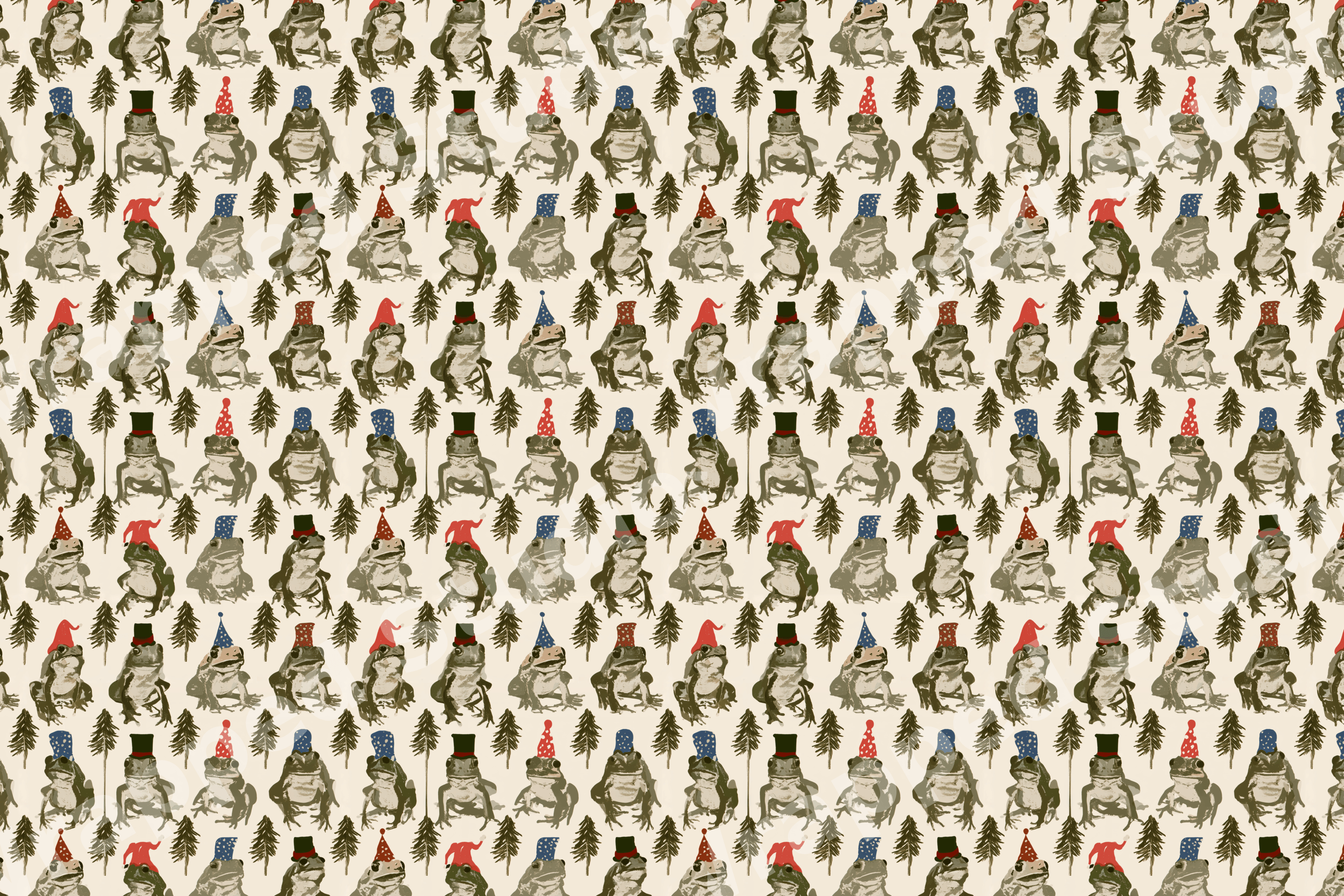 Whimsical Christmas pattern with vintage green frogs in festive hats and pine trees on cream.
