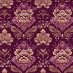 Elegant floral pattern in shades of gold and mauve on a dark burgundy background.