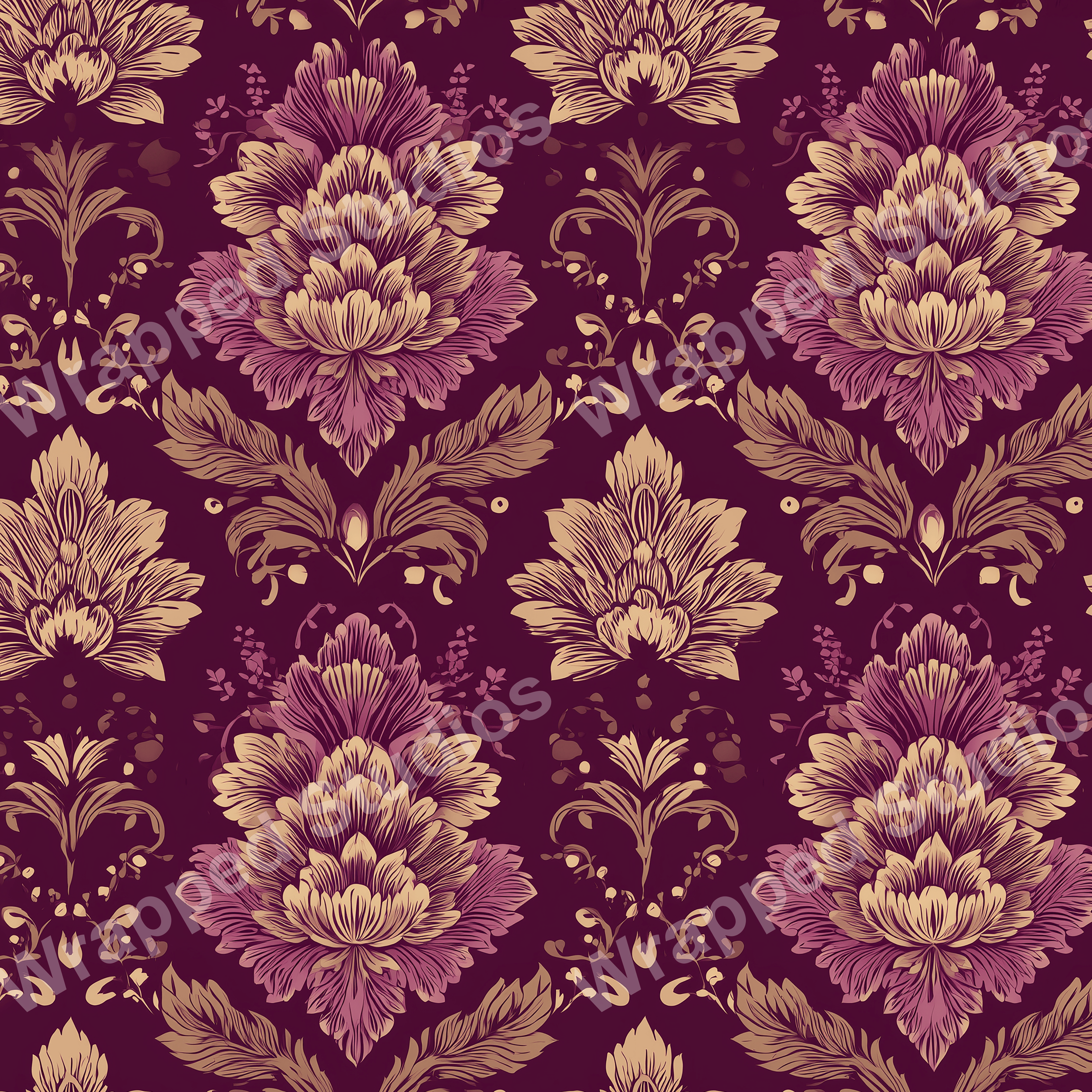 Elegant floral pattern in shades of gold and mauve on a dark burgundy background.