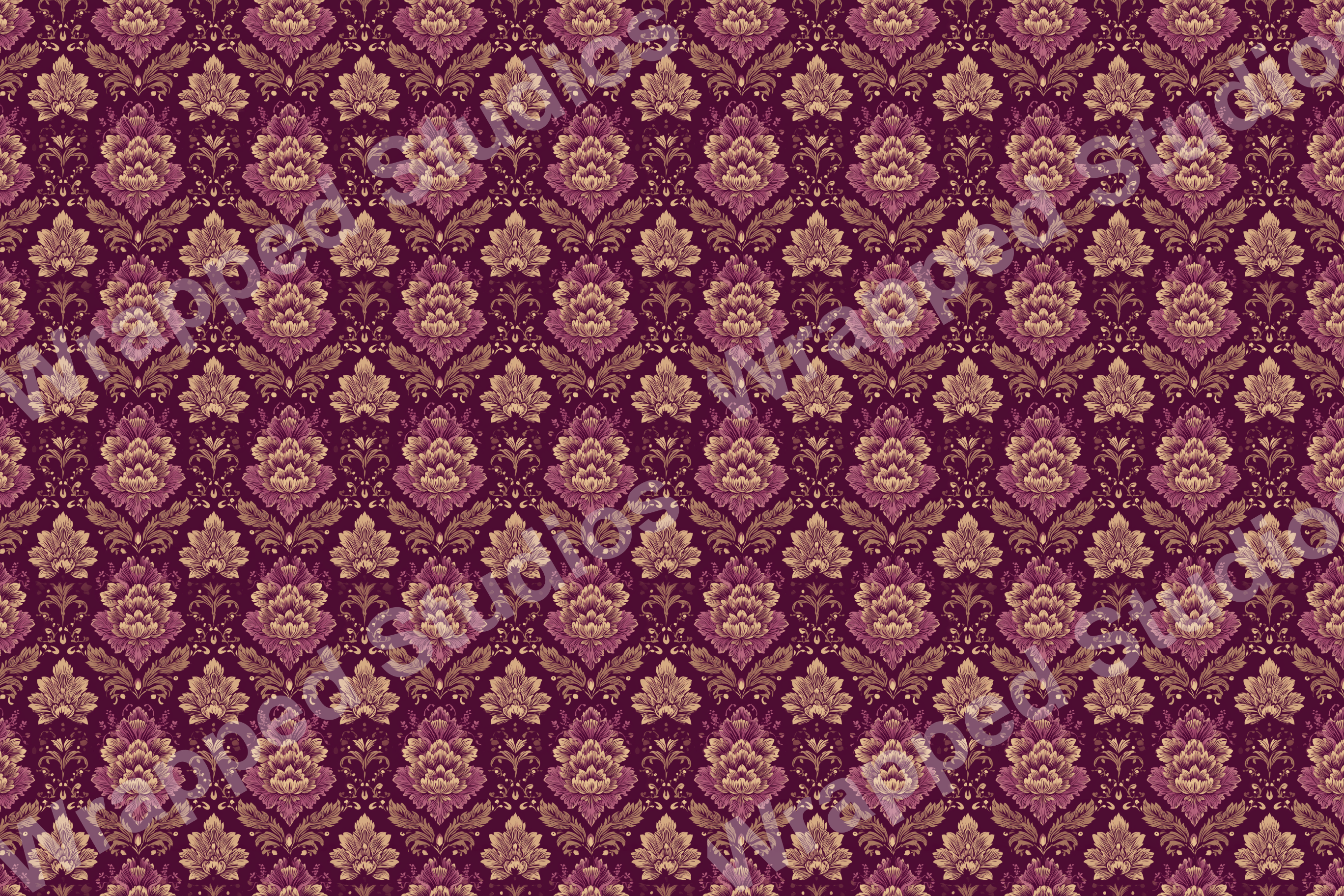 Elegant floral pattern in plum and gold with a vintage damask style.