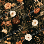 Moody floral pattern featuring vintage botanical wildflowers in cream and orange on a black background.