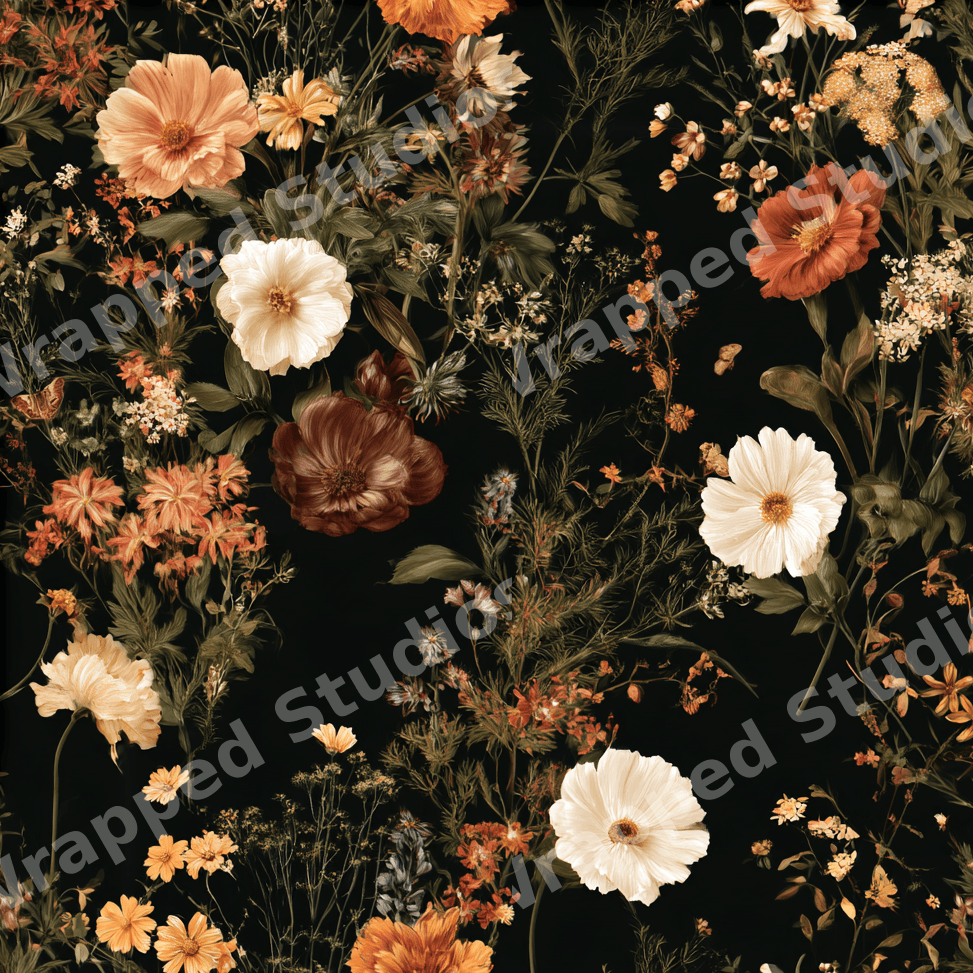 Moody floral pattern featuring vintage botanical wildflowers in cream and orange on a black background.