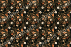 Vintage botanical floral pattern with moody terracotta and cream wildflowers on a black background.