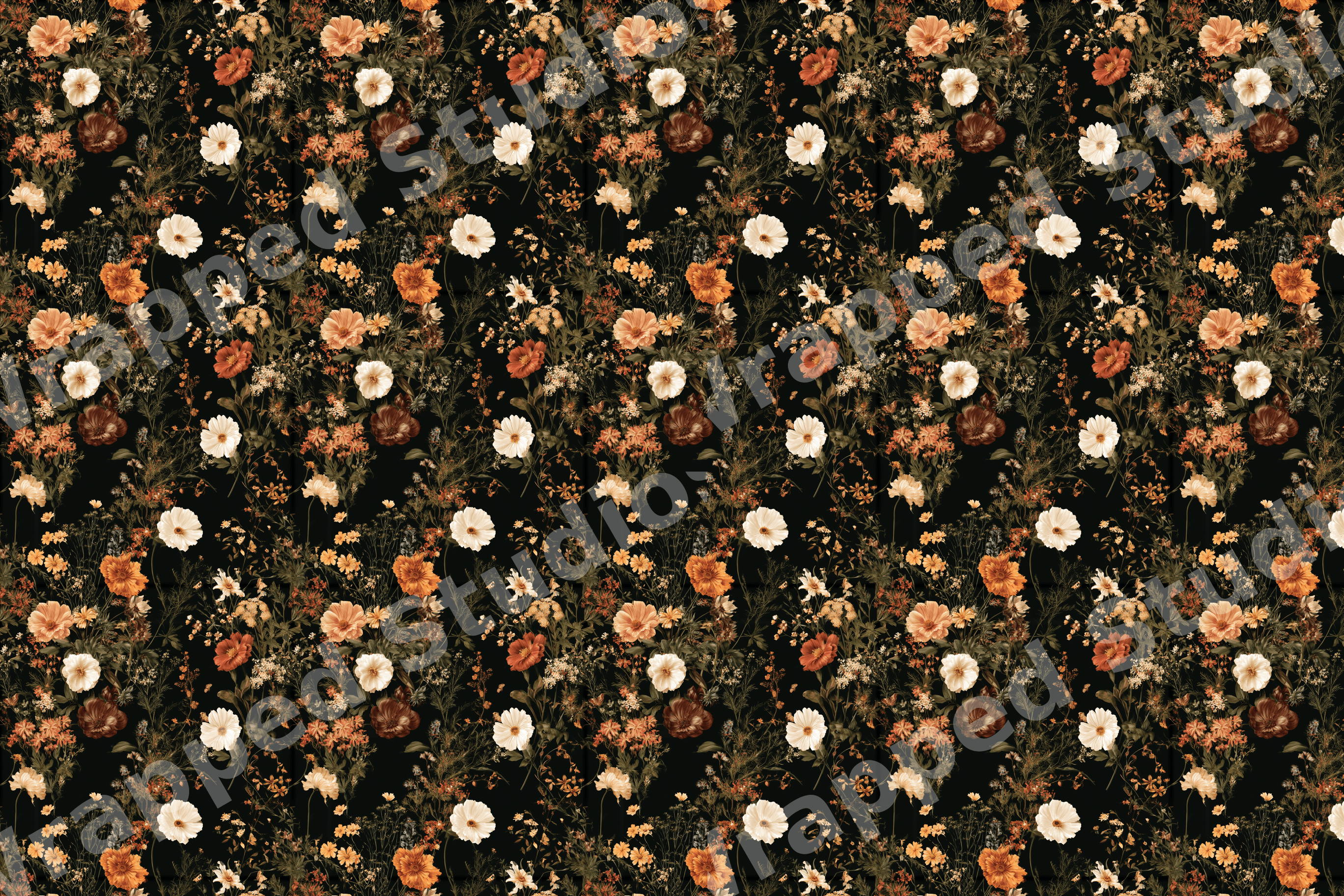 Vintage botanical floral pattern with moody terracotta and cream wildflowers on a black background.