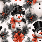 Seamless vintage snowman pattern with pine branches, holly berries, and red bows.