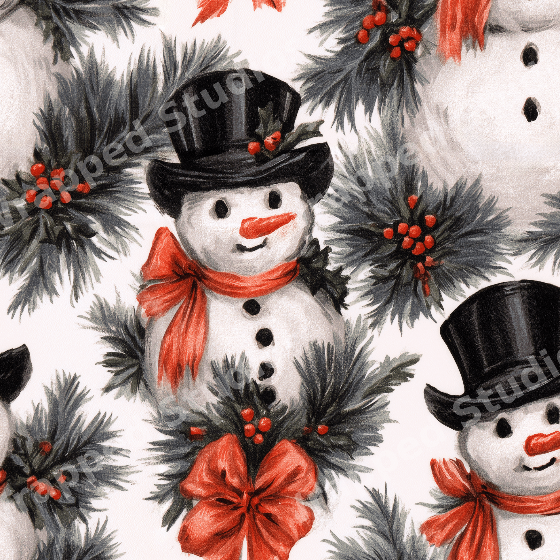 Seamless vintage snowman pattern with pine branches, holly berries, and red bows.