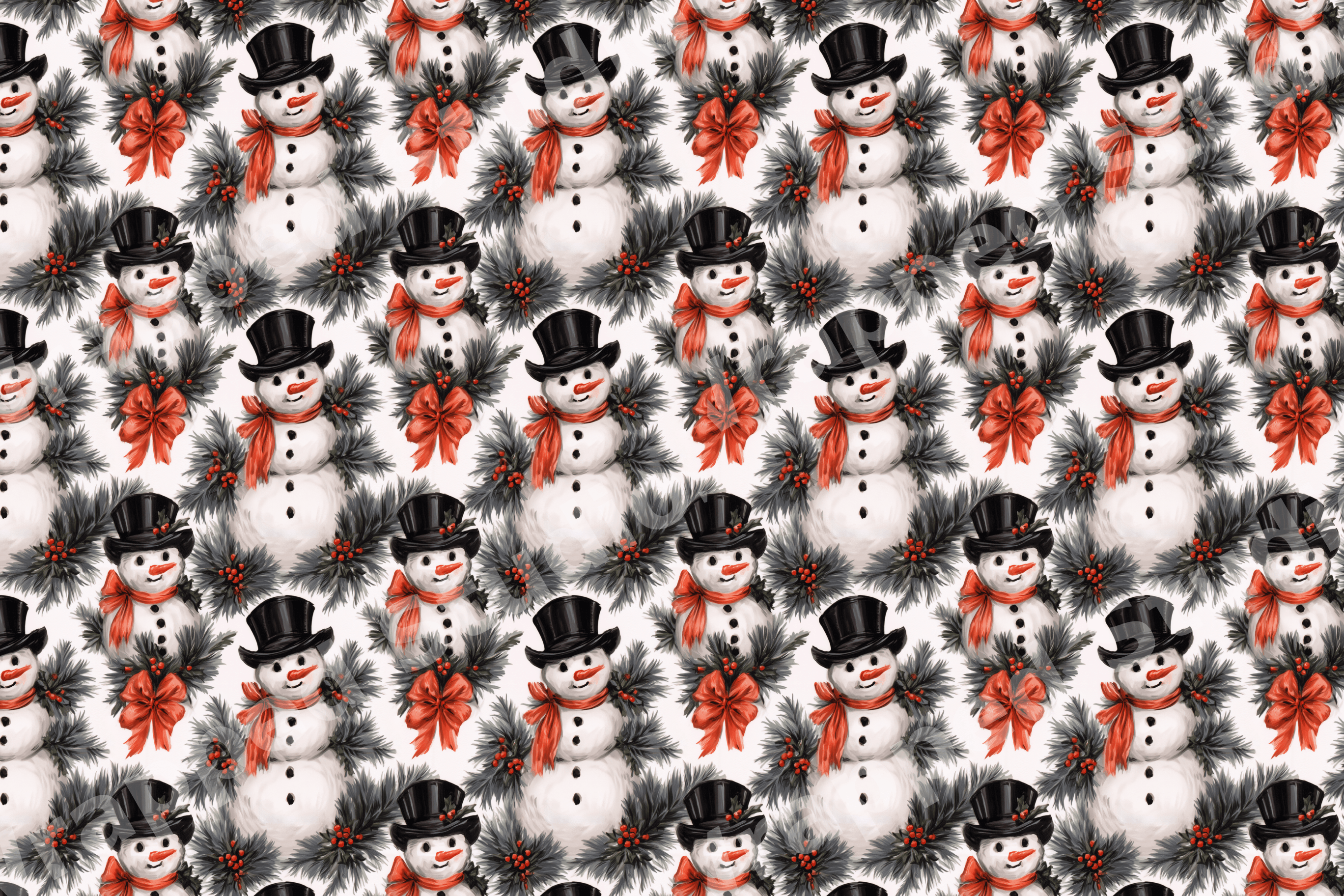 Vintage Christmas pattern featuring illustrated snowmen in top hats, red bows, and pine branches.