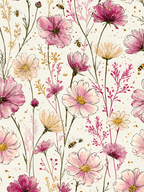 Vintage botanical pattern featuring watercolor pink cosmos flowers, daisies, and bees on a cream background.