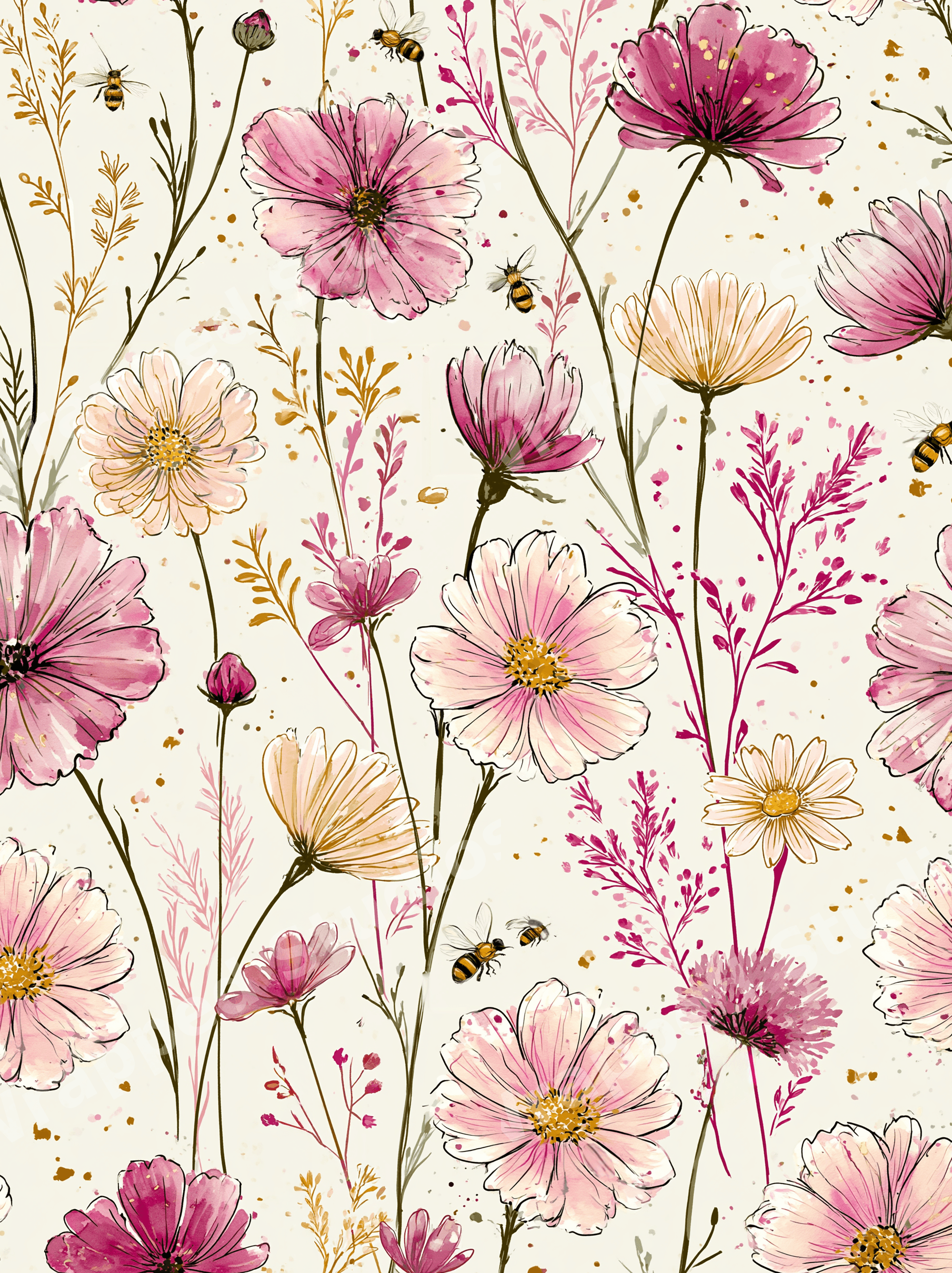 Vintage botanical pattern featuring watercolor pink cosmos flowers, daisies, and bees on a cream background.
