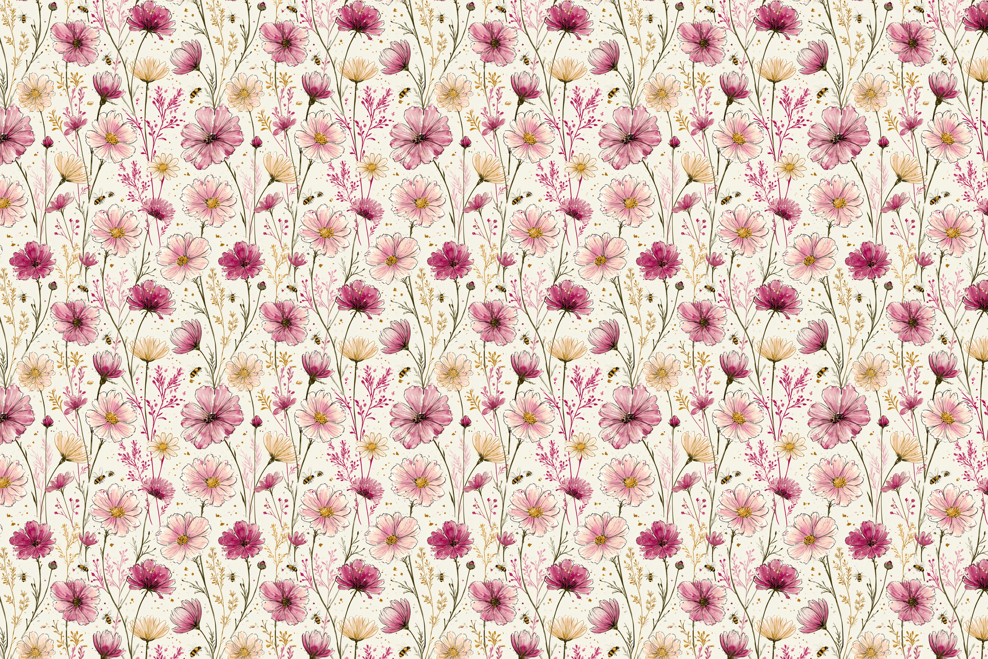Springtime Honeybee: Pink Floral Wrapping Paper