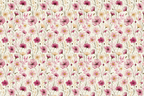 Vintage botanical floral pattern with pink watercolor cosmos flowers and tiny bees on a cream background.