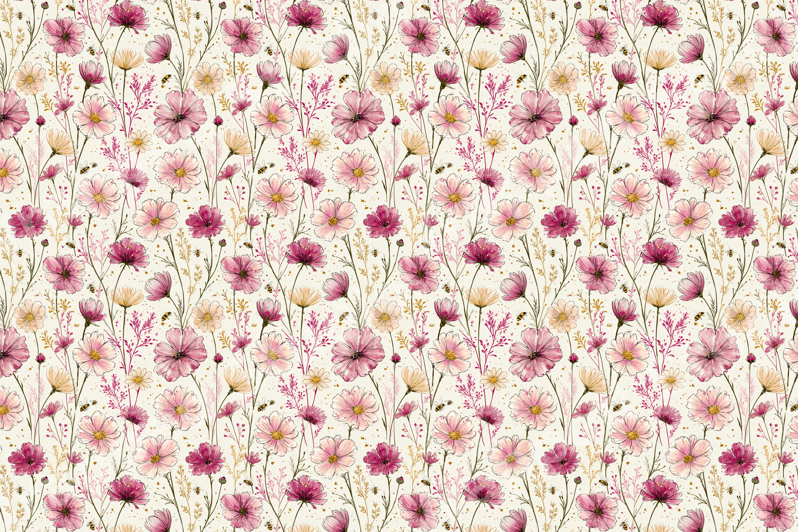 Vintage botanical floral pattern with pink watercolor cosmos flowers and tiny bees on a cream background.