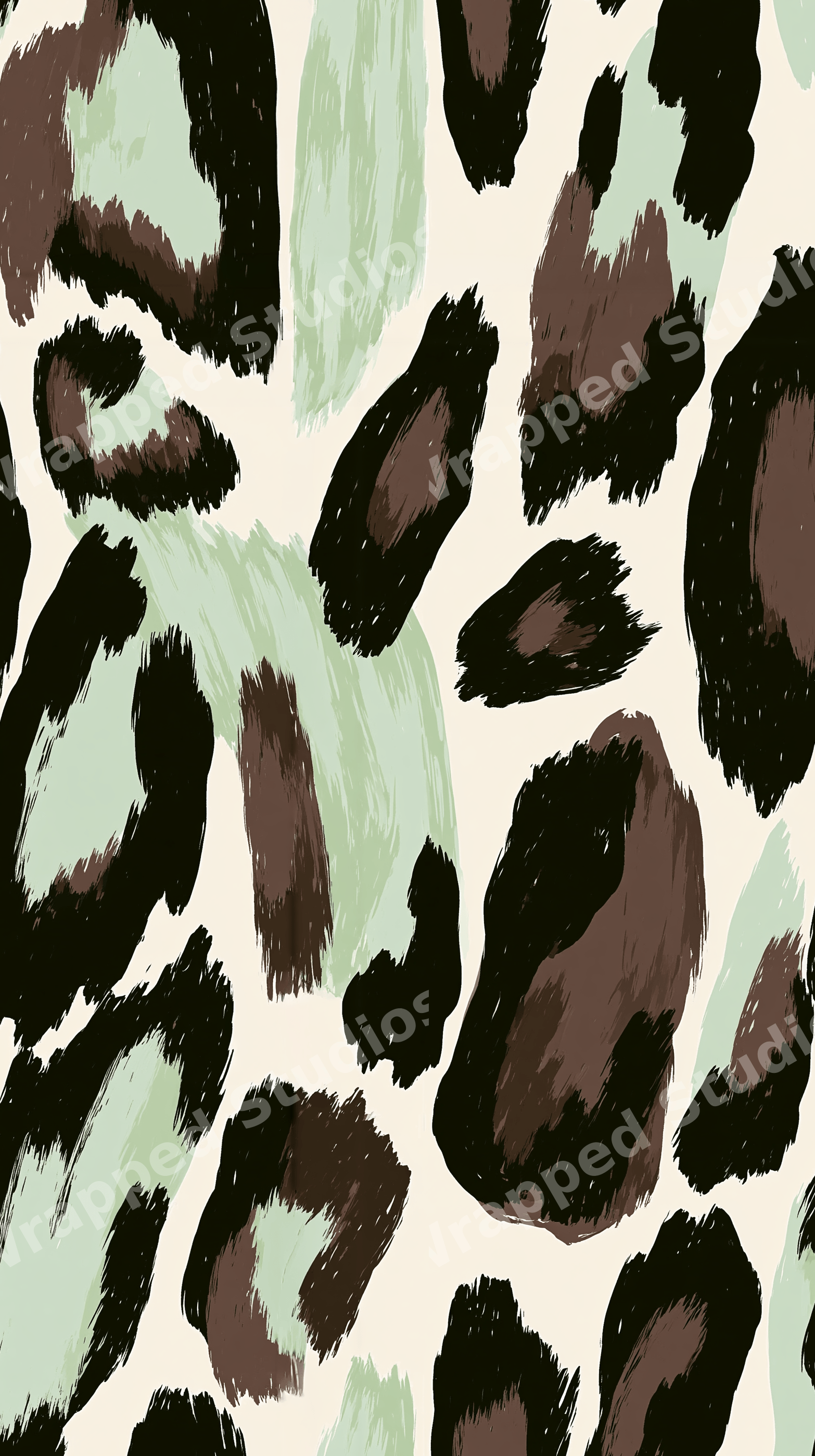 Abstract leopard print pattern featuring painterly brushstrokes in sage green, brown, and black on cream.