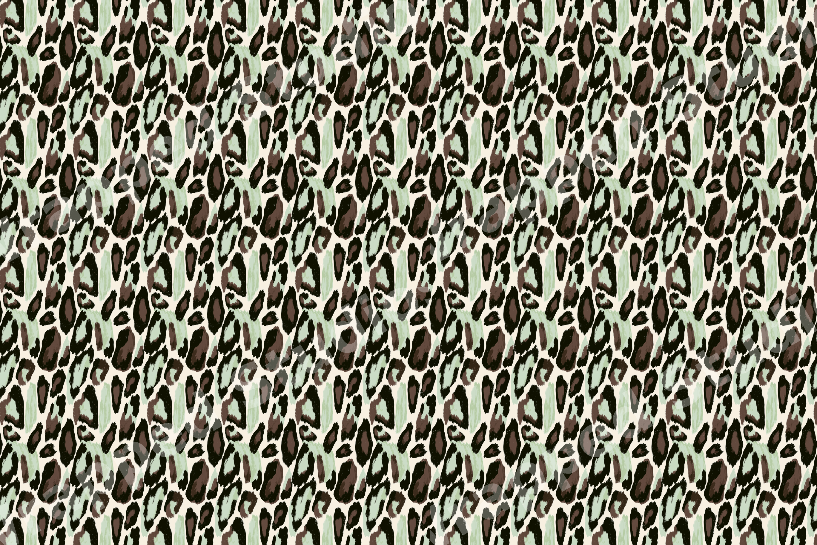 Seamless animal print pattern with sage green and brown leopard spots in a modern textured design.