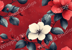Elegant floral pattern design with red and white blossoms and muted leaves on a dark red background.