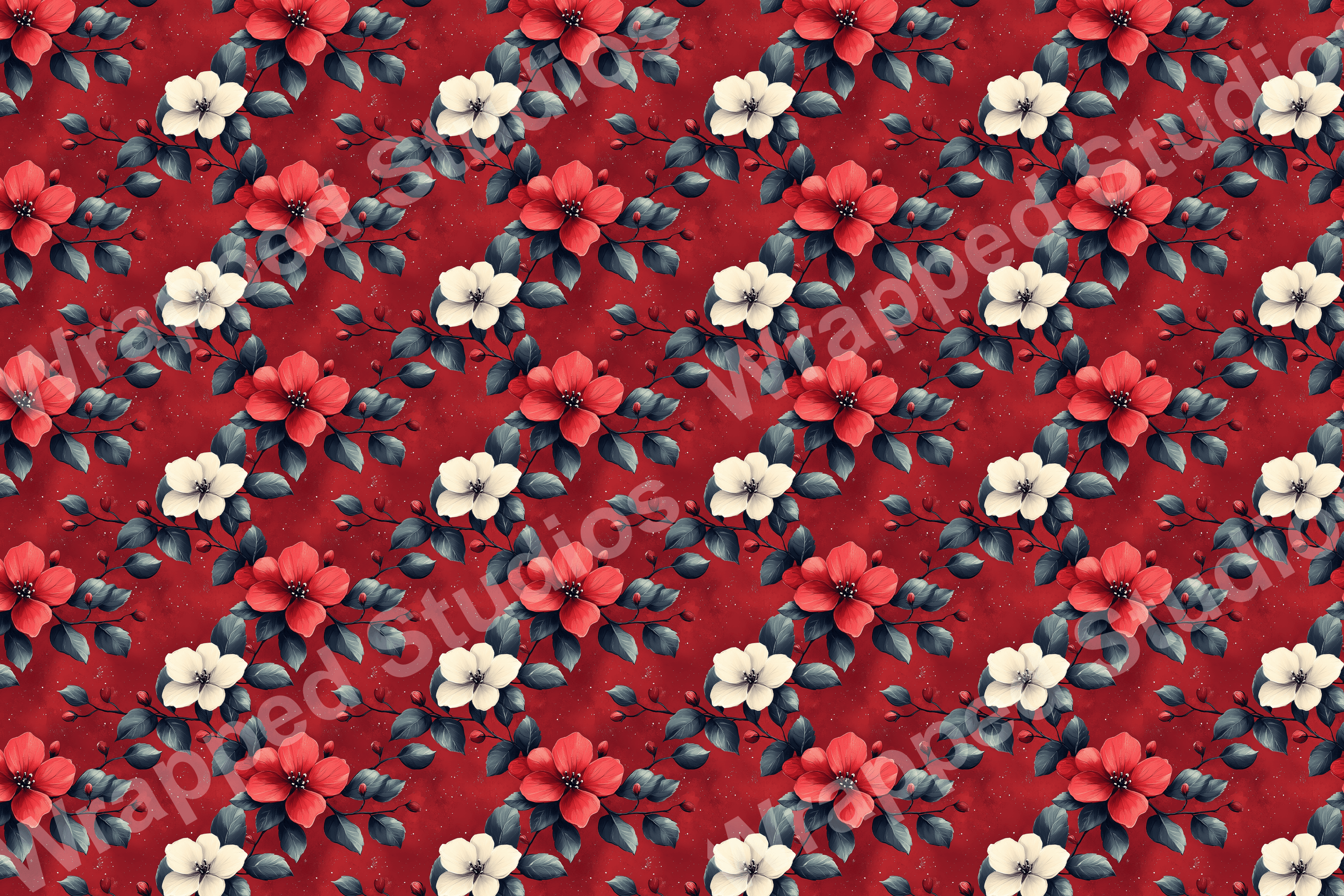 Seamless floral pattern with red and white blossoms on a dark red backdrop.