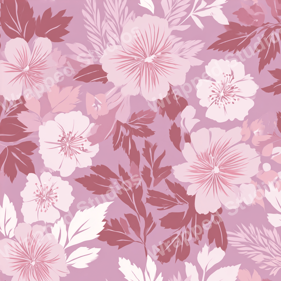 Elegant floral pattern with pink botanical design elements.
