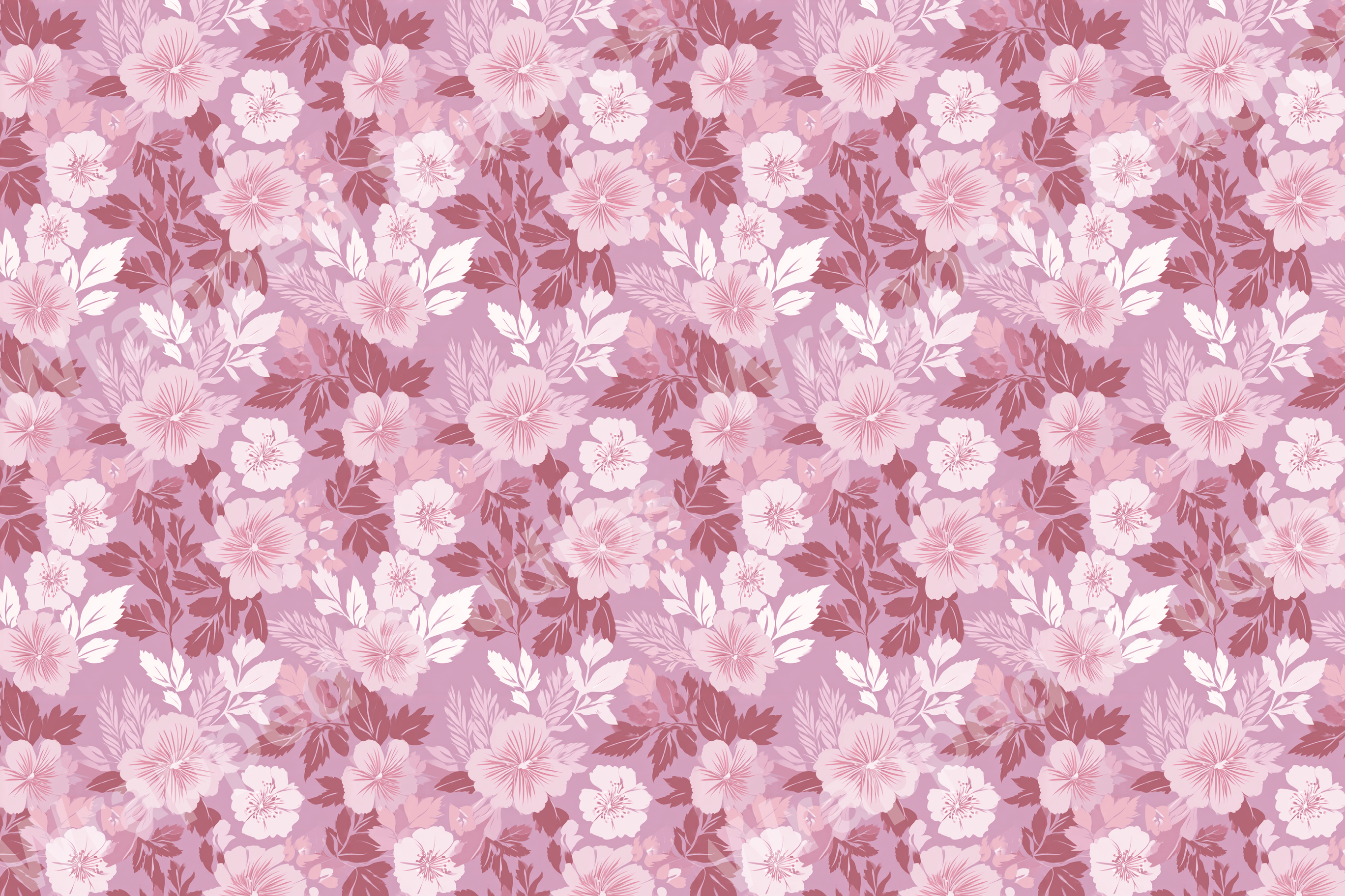All-over floral pattern design in shades of pink and mauve with botanical elements; a feminine, romantic print.