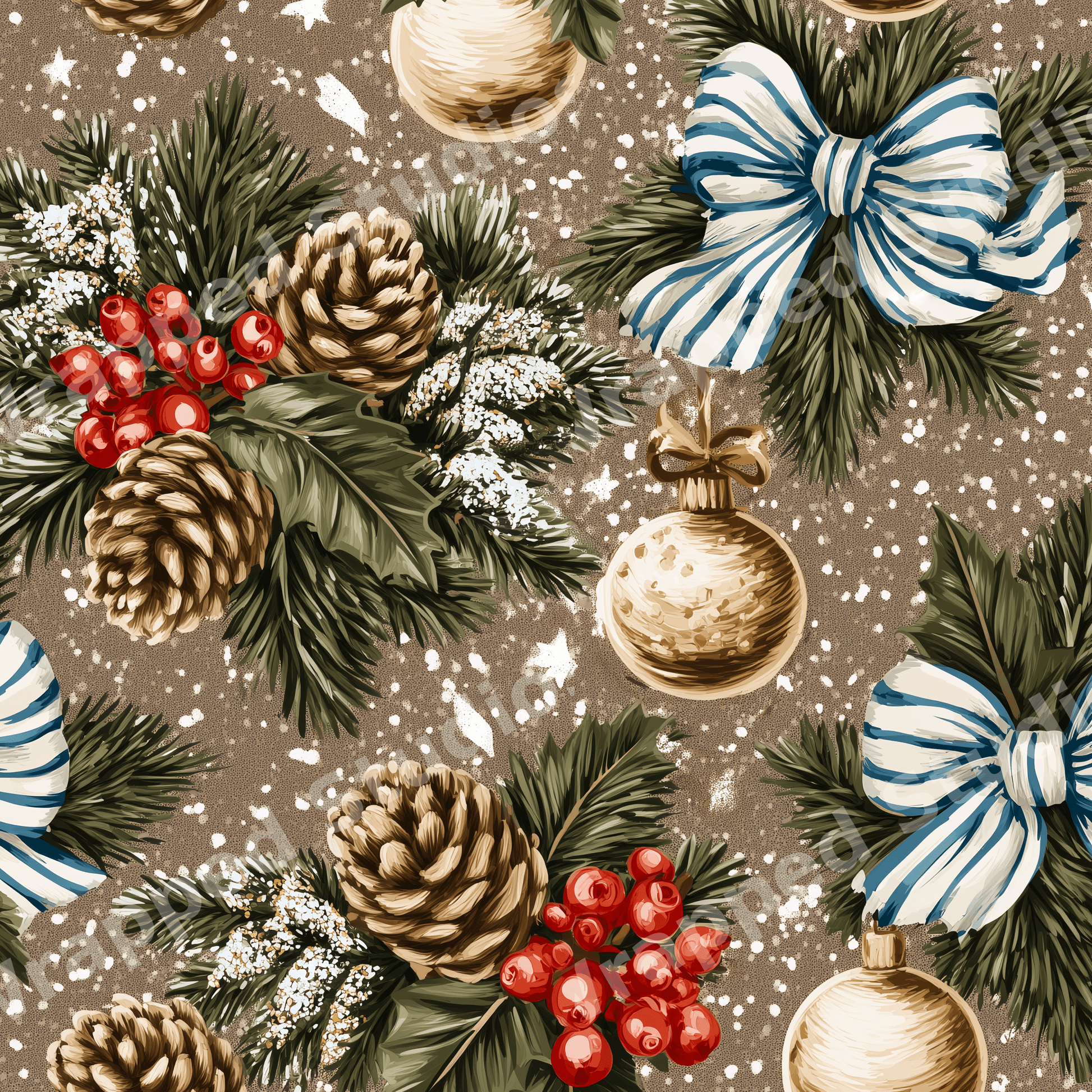 Vintage botanical Christmas pattern with pinecones, red berries, and gold ornaments on a snowy brown background.