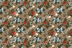 Vintage botanical Christmas pattern with pinecones, red berries, gold ornaments, and blue bows.