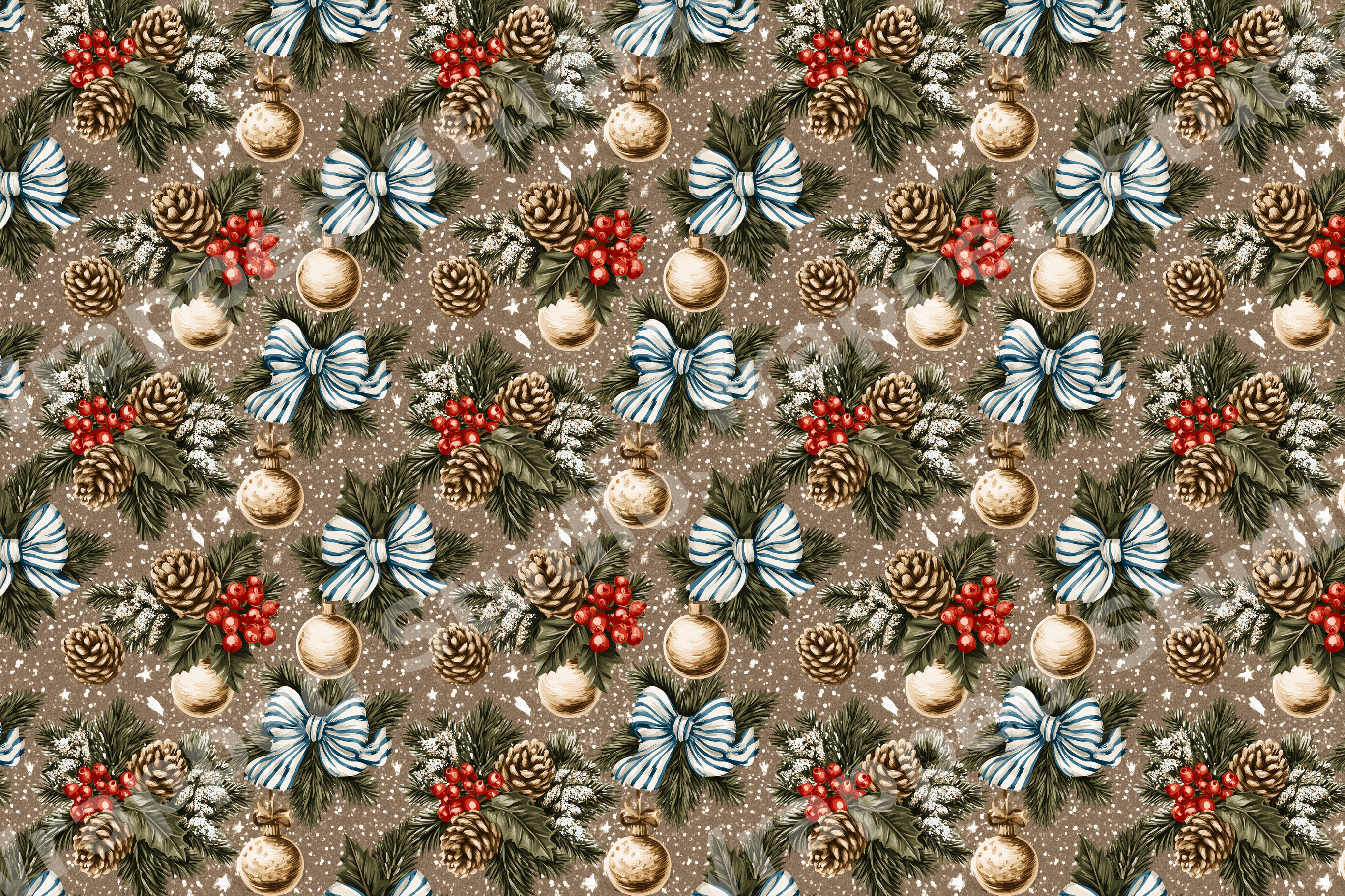 Vintage botanical Christmas pattern with pinecones, red berries, gold ornaments, and blue bows.