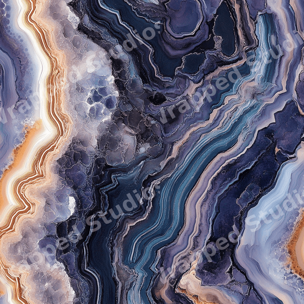 Seamless agate geode pattern with purple, navy blue, and gold fluid marble textures.