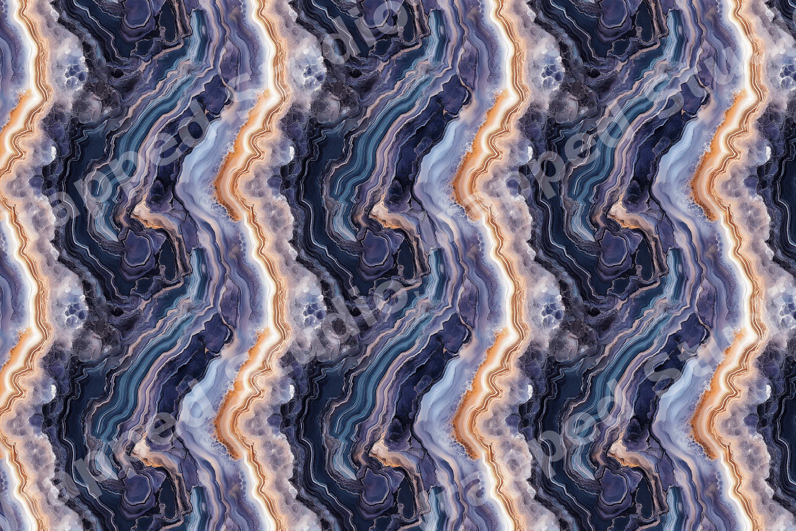 Seamless navy blue and gold agate geode pattern with elegant abstract marble texture.