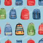 Playful watercolor backpack pattern with colorful school bags on a light blue background.