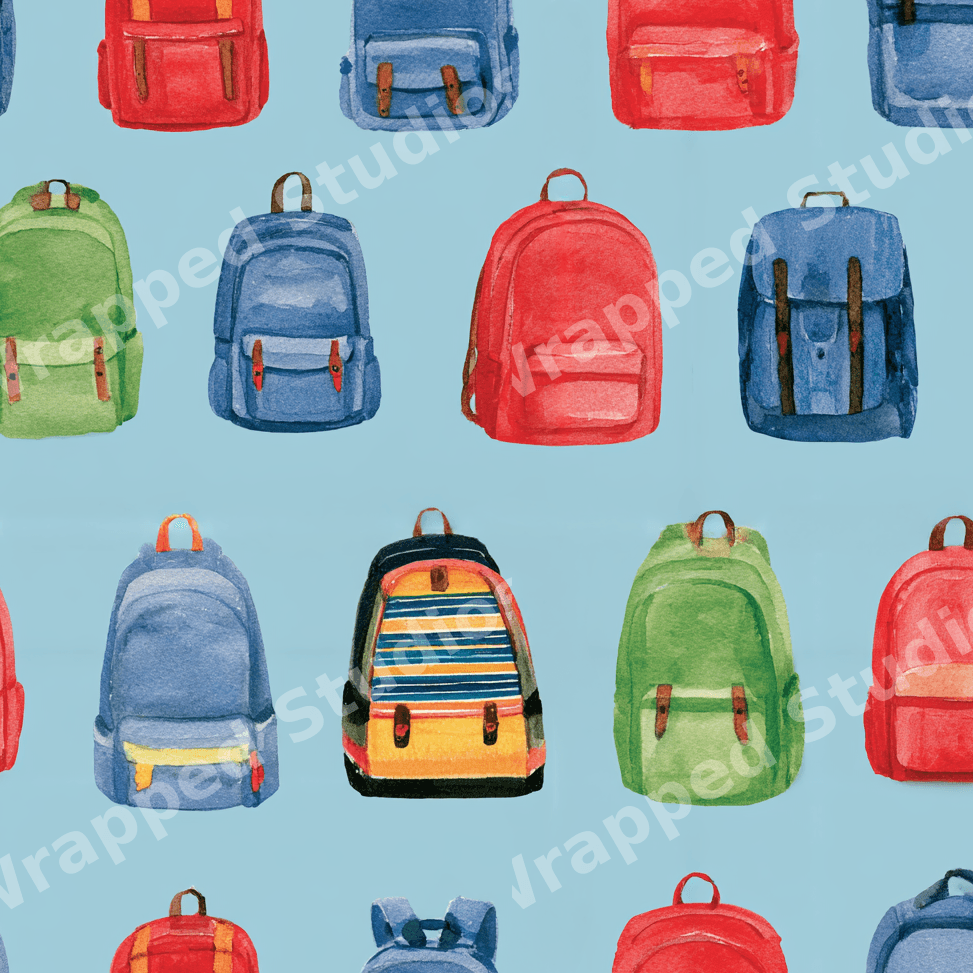 Playful watercolor backpack pattern with colorful school bags on a light blue background.