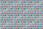 Playful watercolor backpack pattern with colorful school bags on a light blue background.