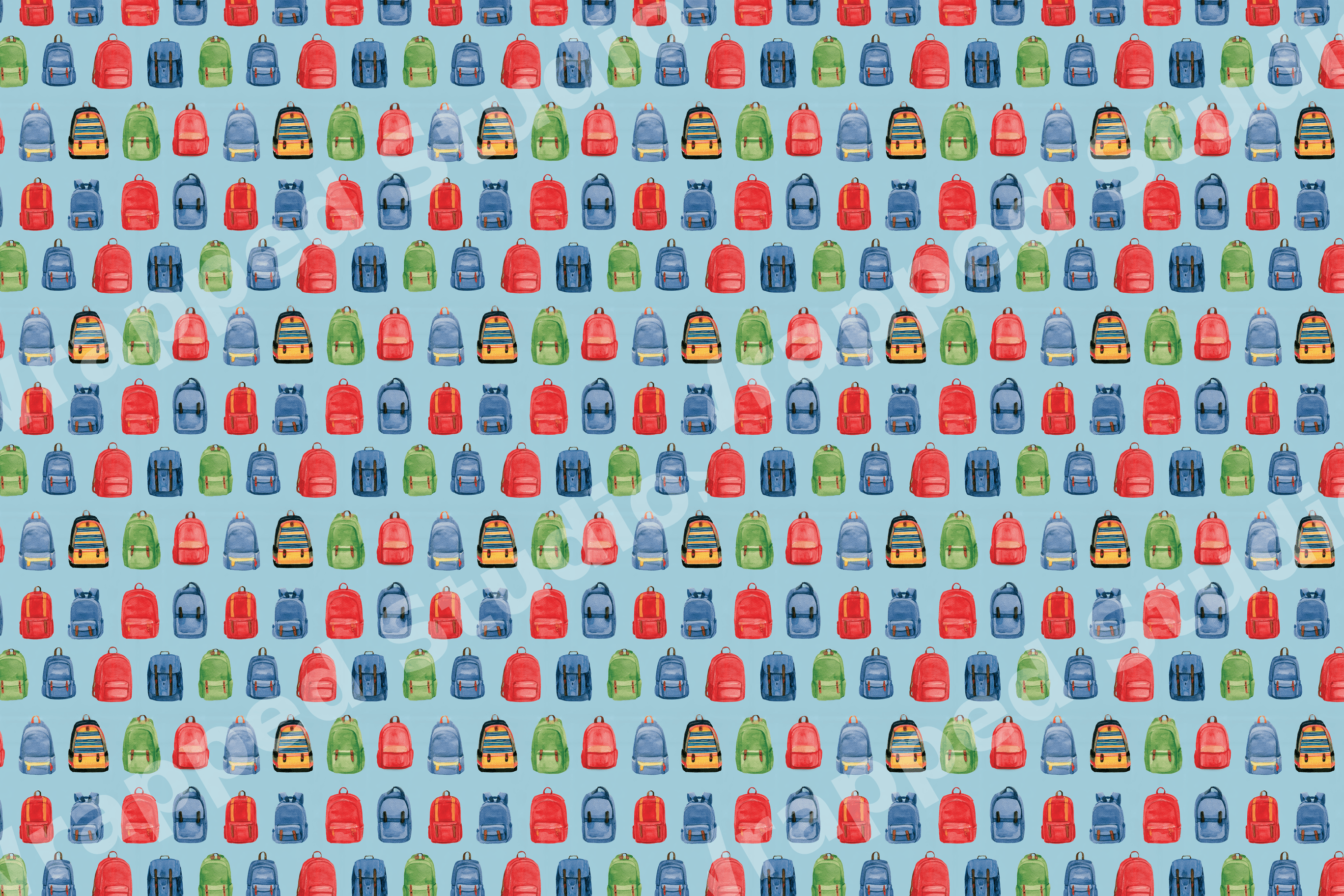 Playful watercolor backpack pattern with colorful school bags on a light blue background.