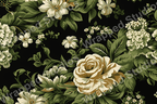Elegant floral pattern with white roses and green leaves on a black background.
