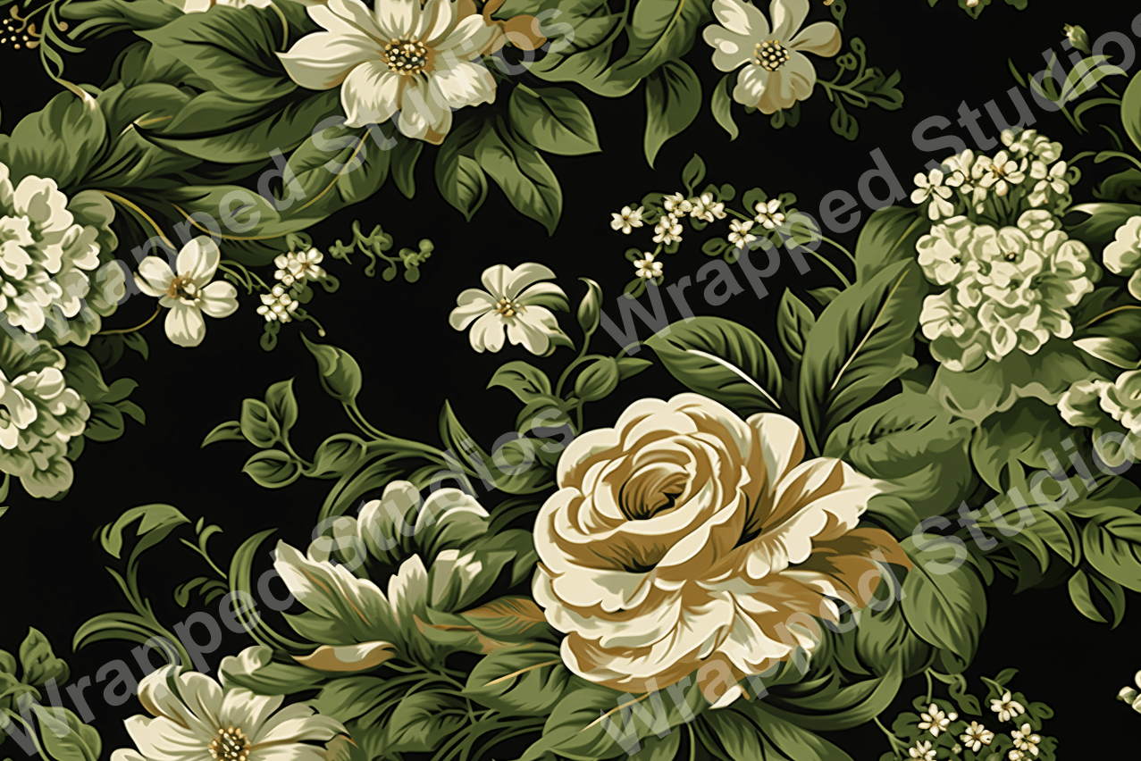 Elegant floral pattern with white roses and green leaves on a black background.