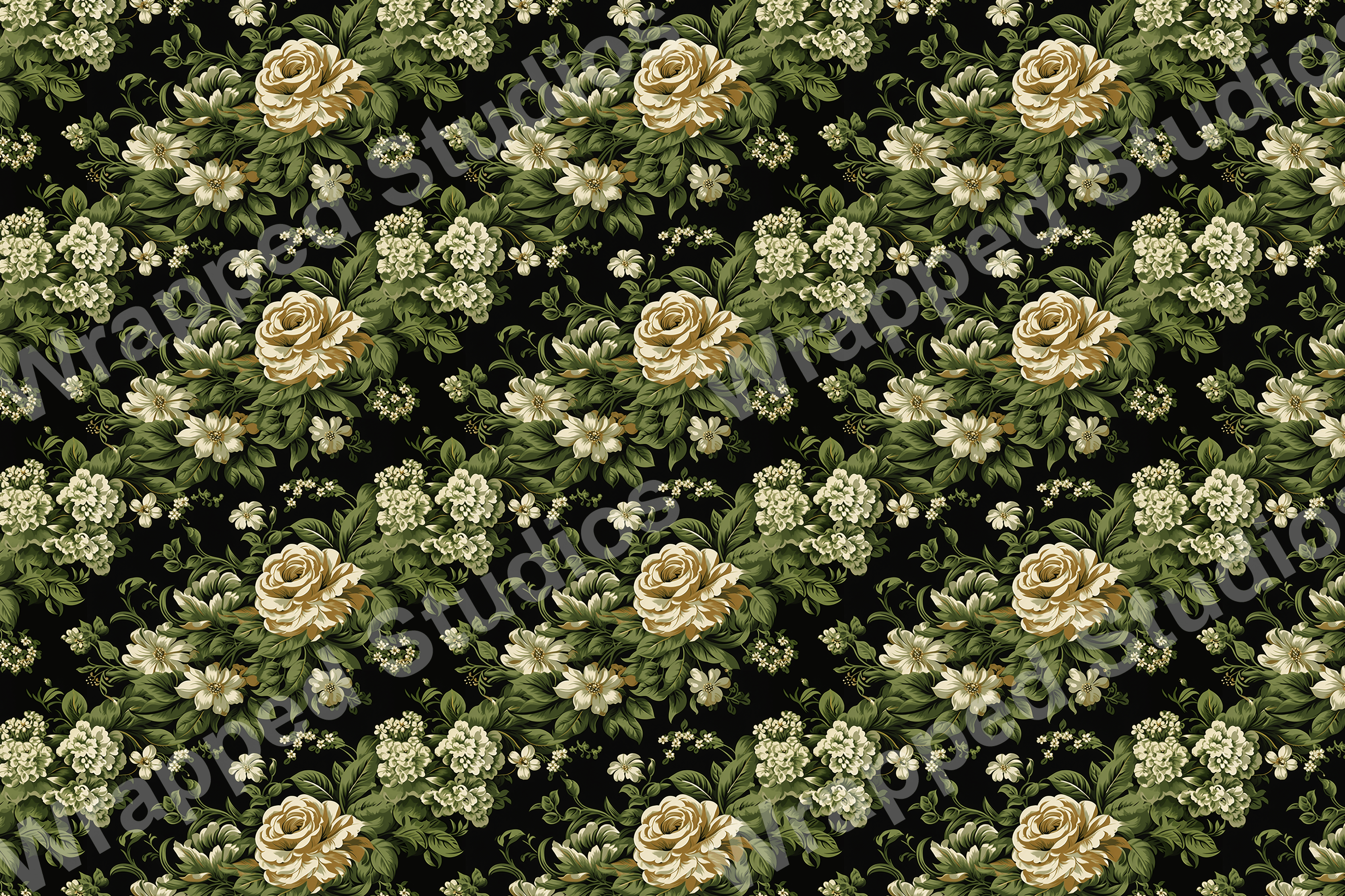 Elegant vintage floral pattern with cream roses and white blossoms on a dark ground.