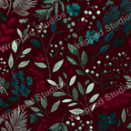 Elegant floral pattern with teal and burgundy leaves and berries on a dark maroon background.